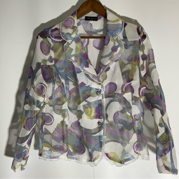 Y.R. Imports Floral Purple, Plum White, Blue Long Sleeve Semi-Sheer Blouse Sz - Picture 16 of 16